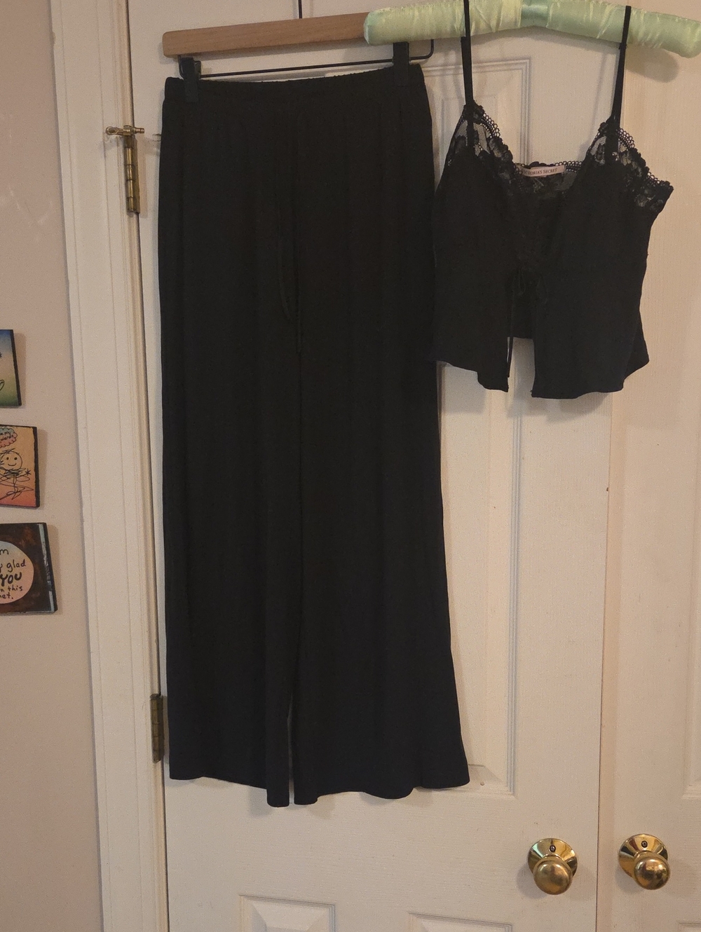 Black Lace-Trim Cami & Wide-Leg Sleep Pant Set - Women